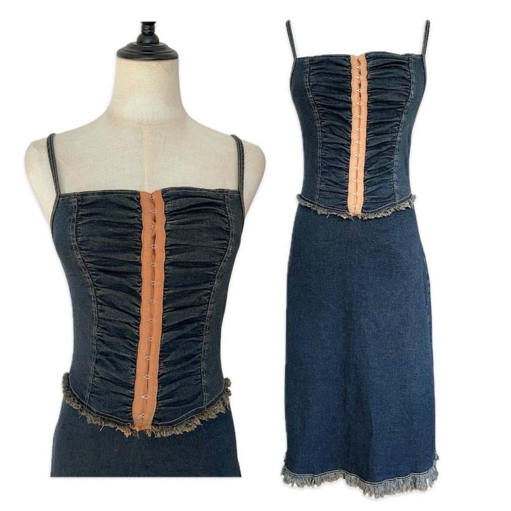 Viva You Denim Corset Midi Dress Women L Blue Ruched Hook Eye Y2K Vintage Exc